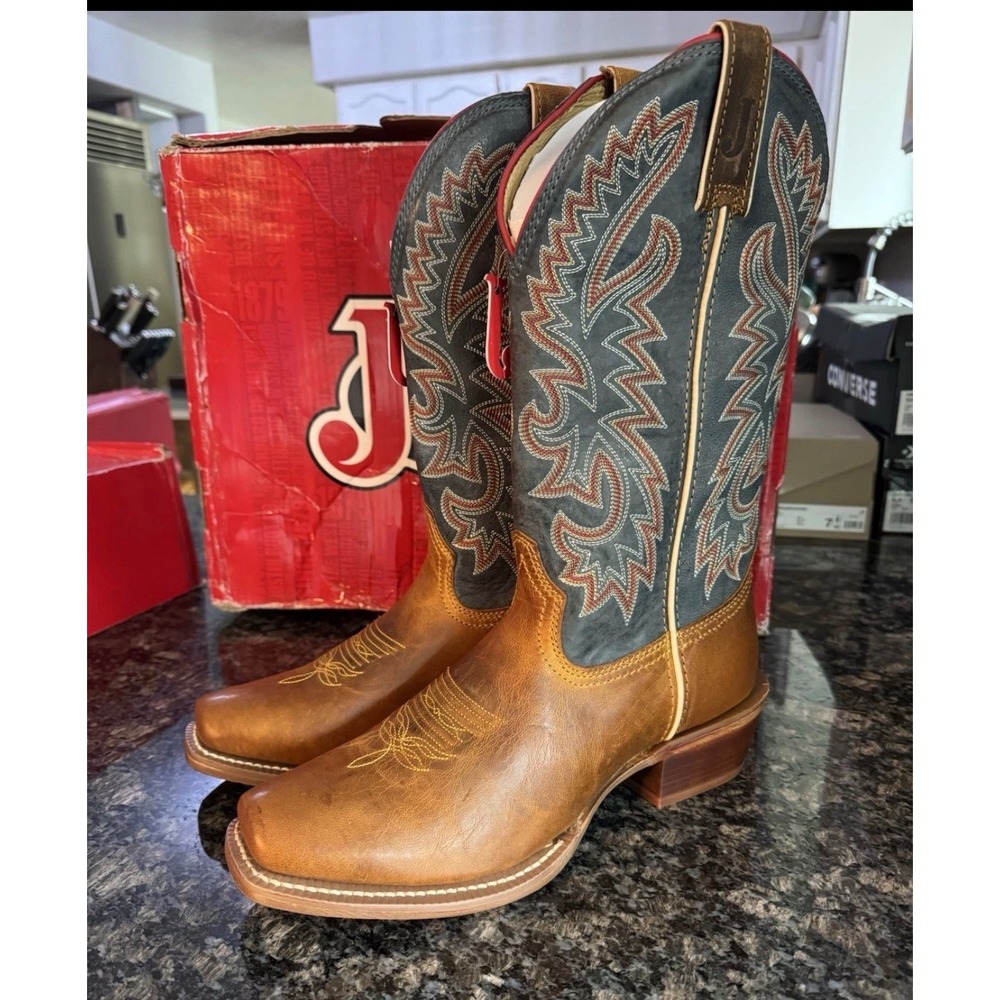 Justin Men Show Off Oily Tan Goat Western Boots Blue FN7251 Square Toe 10.5 D